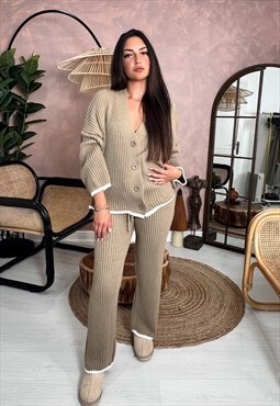 Azelle Collection Camel Knitted Cardigan and Trouser Co-ord