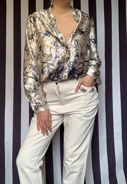 Vintage white satin blouse tunic with blue paisley floral