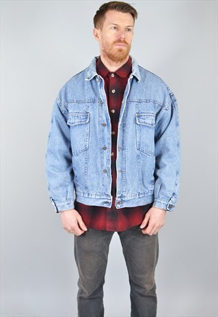 VINTAGE MID BLUE CHECKED LINED WINTER DENIM JACKET