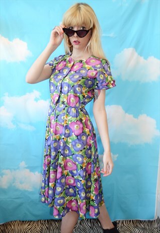 VINTAGE 50'S FLORAL FLOWER PRINT MIDI TEA DRESS