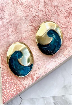 90s Swirl Blue & Gold Earrings Statement Vintage Jewellery 