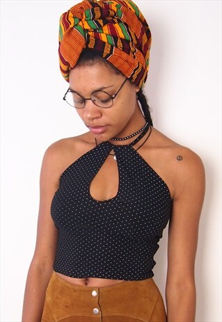 BLACK HALTER CROP TOP WITH POLKA DOTS