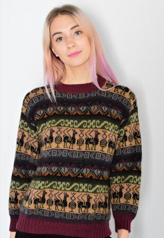 VINTAGE 90S BEIGE BURGUNDY GREEN CAMEL JUMPER