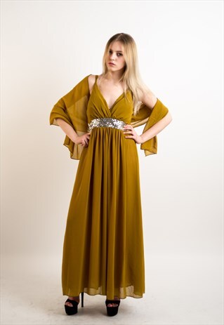STRAP CHIFFON MAXI DRESS WITH SEQUIN DESIGN & SCARF (YELLOW)