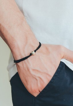 Bead bracelet for men silver charm black cord gift for him