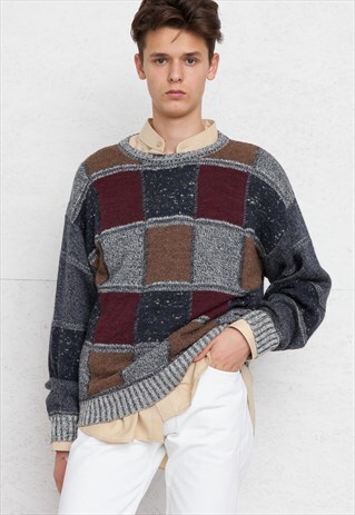 VINTAGE GREY BROWN REFLEX ROUND NECK KNIT JUMPER SWEATER