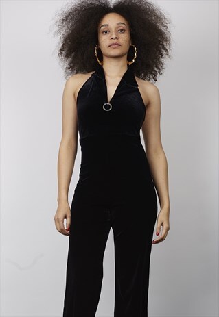 VINTAGE BLACK VELVET 70'S HALTER-NECK JUMPSUIT