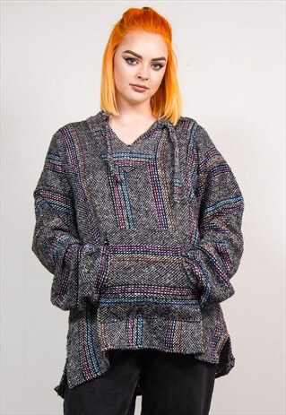 VINTAGE 90'S GREY JUMPER GRUNGE HIPPIE OVERSIZE BAJA HOODIE