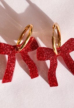 Sparkly Red Bow Hoop Earrings