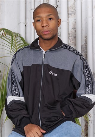 VINTAGE ASICS TAPE LOGO TRACK JACKET BLACK AND GREY