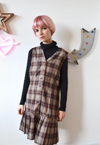 VINTAGE 90'S CHECKED WOOL PLEATED BUTTON PINAFORE DRESS