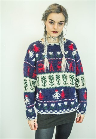 PRINTED VINTAGE CHRISTMAS WOOL JUMPER (BLUE, RED & WHITE)