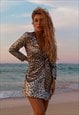 VEGAS DRESS METALLIC LEOPARD PRINT WRAP SLEEVED DRESS 