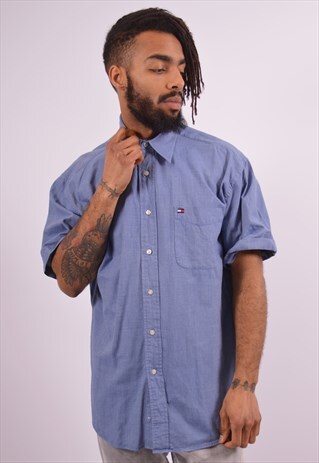 TOMMY HILFIGER MENS VINTAGE SHIRT LARGE BLUE 90S