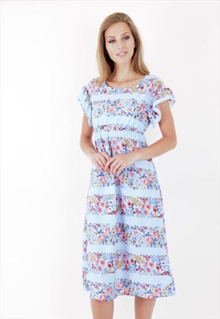 ROUND NECK FRILL SLEEVE FLORAL PRINT STRIPE MIDI DRESS