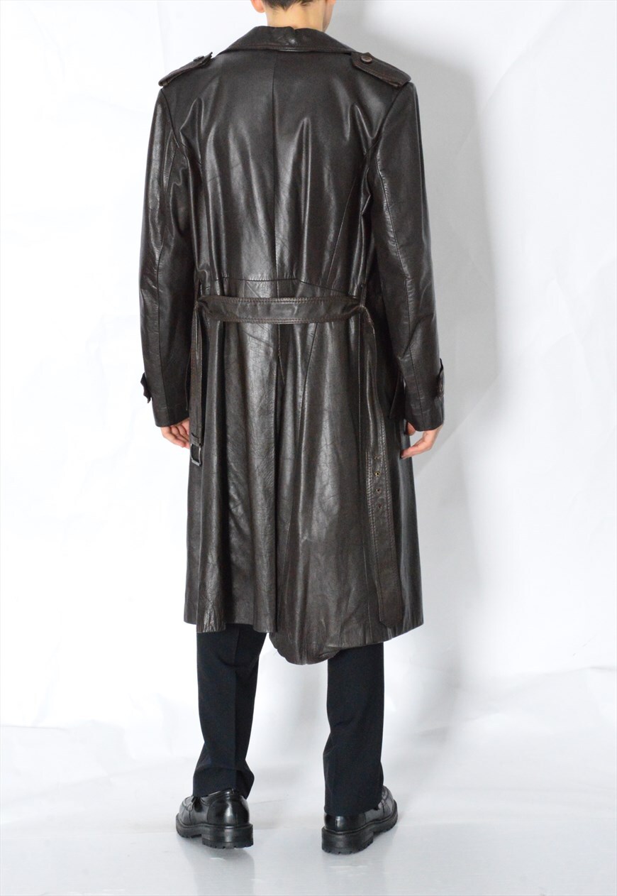 dark brown leather trench coat