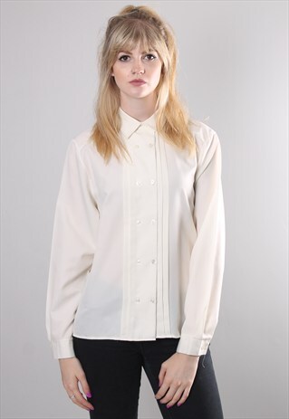 VINTAGE 80S CREAM PLEAT DOUBLE BREASTED BLOUSE SHIRT TOP