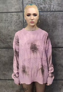 Oil wash sweater tie-dye cable knit jumper grunge top pink