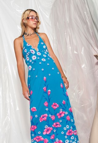 VITAGE FLORAL DRESS 70S HALTER NECK POPPY MAXI DRESS