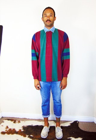 90S CLASSIC PREPPY SKATER VERTICAL STRIPE RUGBY POLO LARGE