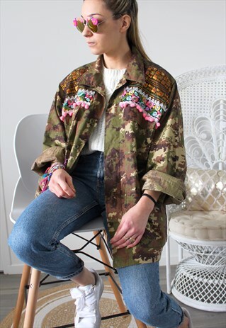 VINTAGE KHAKI JACKET MILITARY ETHNIC EMBROIDERY