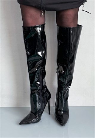Y2K SEXY SHINY PATENT STILETTO KNEE BOOTS IN CYBER BLACK