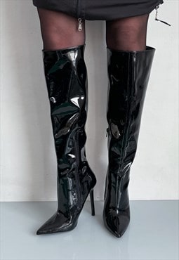 Y2K sexy shiny patent stiletto knee boots in cyber black