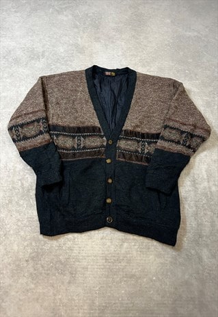 VINTAGE KNITTED CARDIGAN ABSTRACT PATTERNED GRANDAD SWEATER