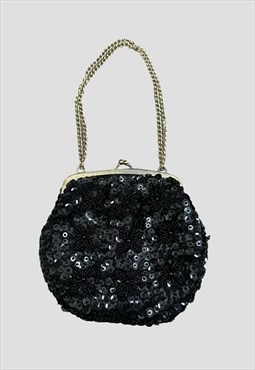 60's Vintage Black Sequin Gold Chain Mini Evening Bag
