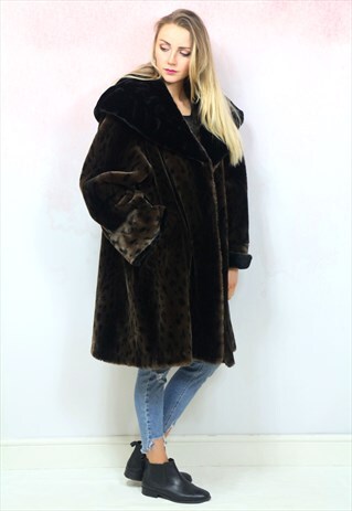 1980S VINTAGE DARK BROWN SUPER SOFT LEOPARD FAUX FUR COAT