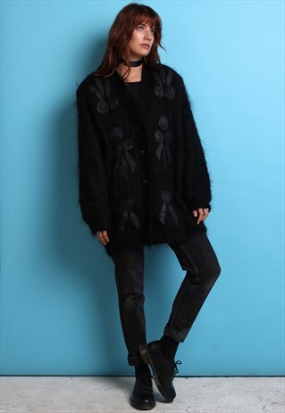 80S BLACK LEATHER DETAIL MOHAIR CARDIGAN