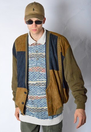 VINTAGE 80S KHAKI BROWN NAVY COLOUR BLOCK LEATHER JACKET