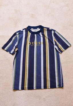 Vintage 90s Guess Striped Spell Out Embroidered T Shirt