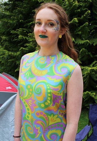 VINTAGE 60S GREEN & PURPLE PAISLEY FESTIVAL MOD MINI DRESS