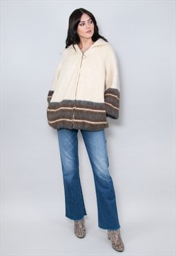 70's Ladies Vintage Jacket Cream Wool Hooded Coat