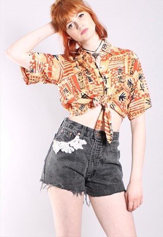 VINTAGE 80S CRAZY PATTERNED TIE UP CROP TOP