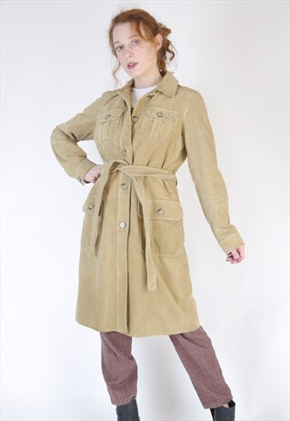 VINTAGE 90S Y2K BEIGE MIDI SUEDE TRENCH COAT