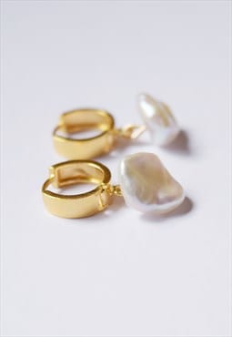 24K Gold Vermeil Chunky Hoop & Freshwater Pearl Earrings
