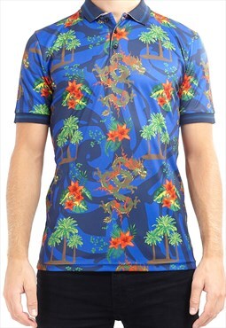 Mens Blue Tropical Dragon Print Polo Shirt