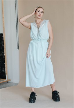 Vintage 60s Sleeveles Blouson Pastel Blue Maxi Women Dress 