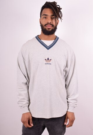 ADIDAS MENS VINTAGE SWEATSHIRT JUMPER LARGE GREY 90S