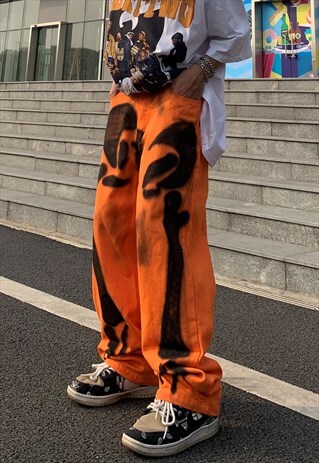SKELETON PRINT JEANS GRAFFITI BONES DENIM OVERALLS IN ORANGE