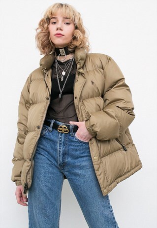 VINTAGE RALPH LAUREN PUFFER BROWN WINTER ZIP UP BUTTON UP