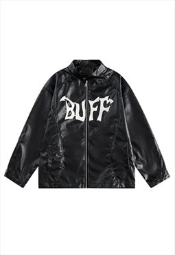 Faux leather varsity jacket buff slogan PU utility bomber 