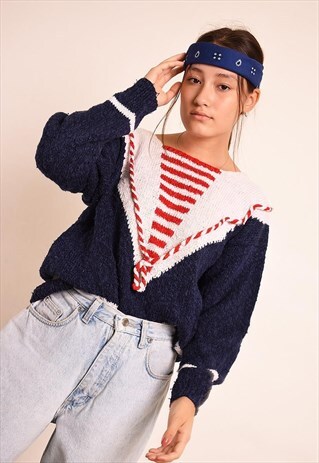 VINTAGE 80'S RETRO NAUTICAL KNIT JUMPER IN NAVY BLUE