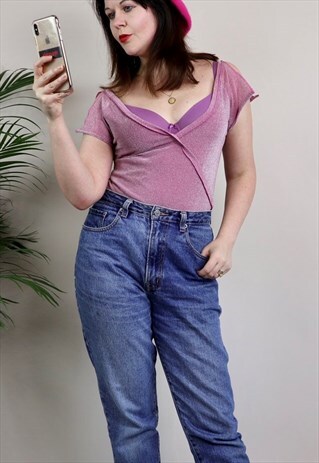 VINTAGE 90S PINK SPARKLE GLITTER MESH PLUNGE TOP 10/12