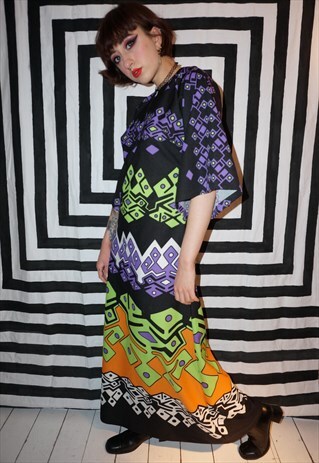 VINTAGE 60S PSYCHEDELIC COLOURFUL PATTERNED MAXI DRESS