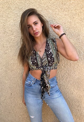 PATTERNED CROPPED TIE-UP RETRO VINTAGE FESTIVAL SHIRT