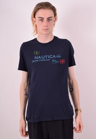 NAUTICA MENS VINTAGE T-SHIRT TOP MEDIUM NAVY BLUE 90S