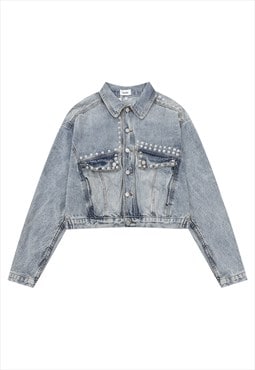 Pearl studded denim jacket embellished cropped jean bomber